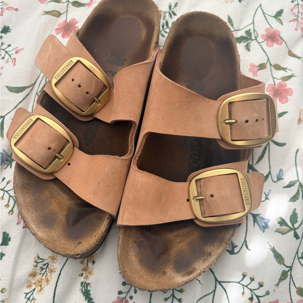 Birkenstock Two-Strap Sandals with Large Gold Buckles in light pink